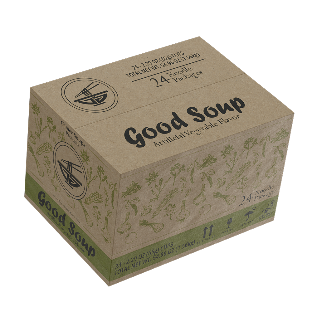 Brown cardboard box with green vegetable illustrations, labeled "Good Soup" with 24 noodle packages inside.