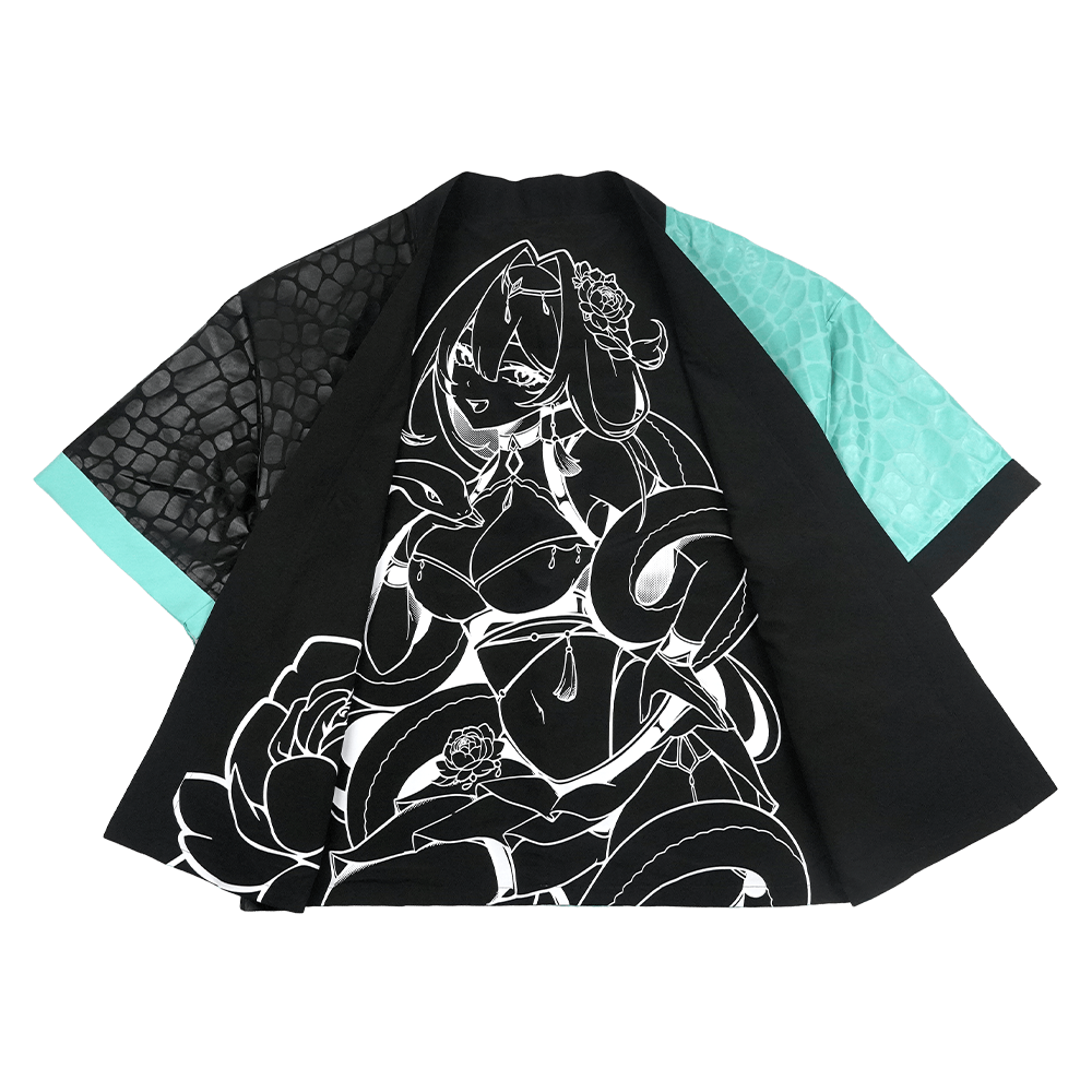 Black and turquoise kimono with white interior and exterior designs and a snake scale finish