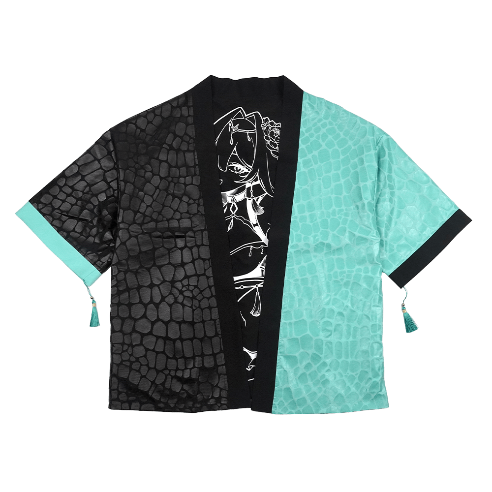 Black and turquoise kimono with white interior and exterior designs and a snake scale finish