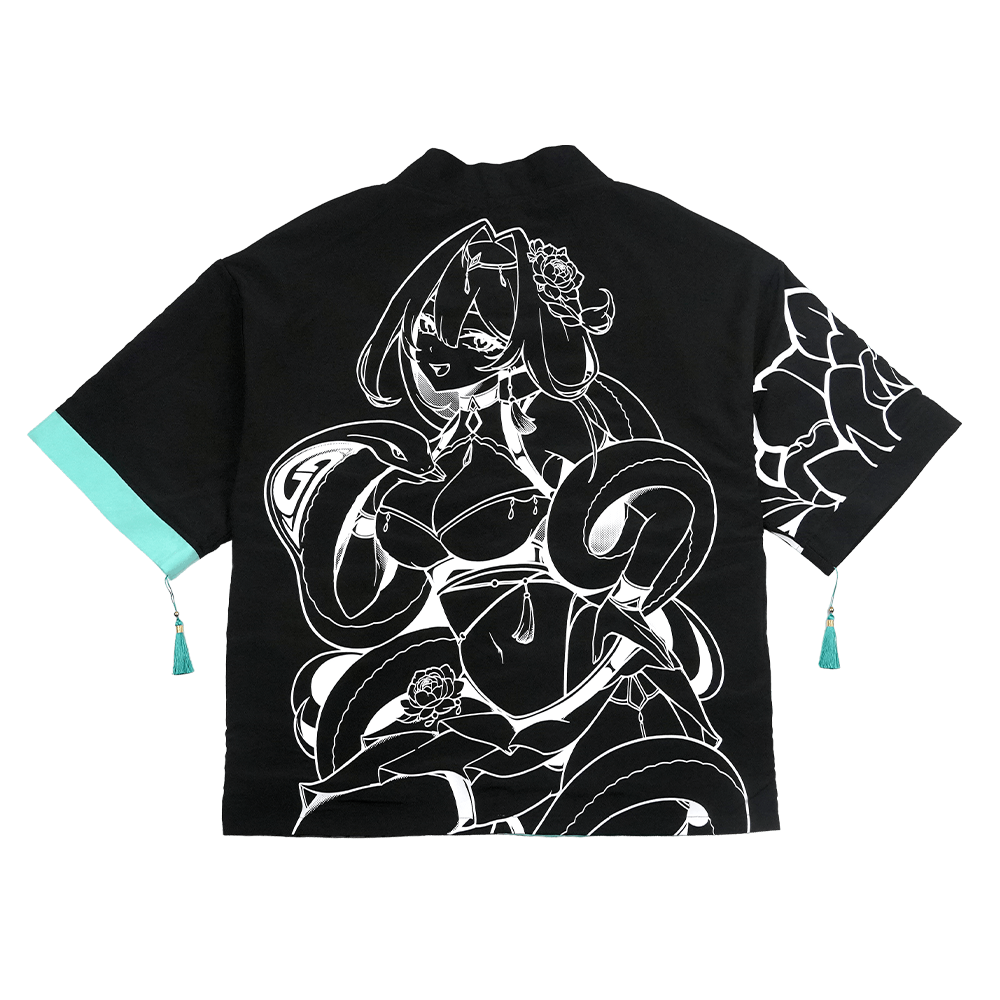 Black and turquoise kimono with white interior and exterior designs and a snake scale finish