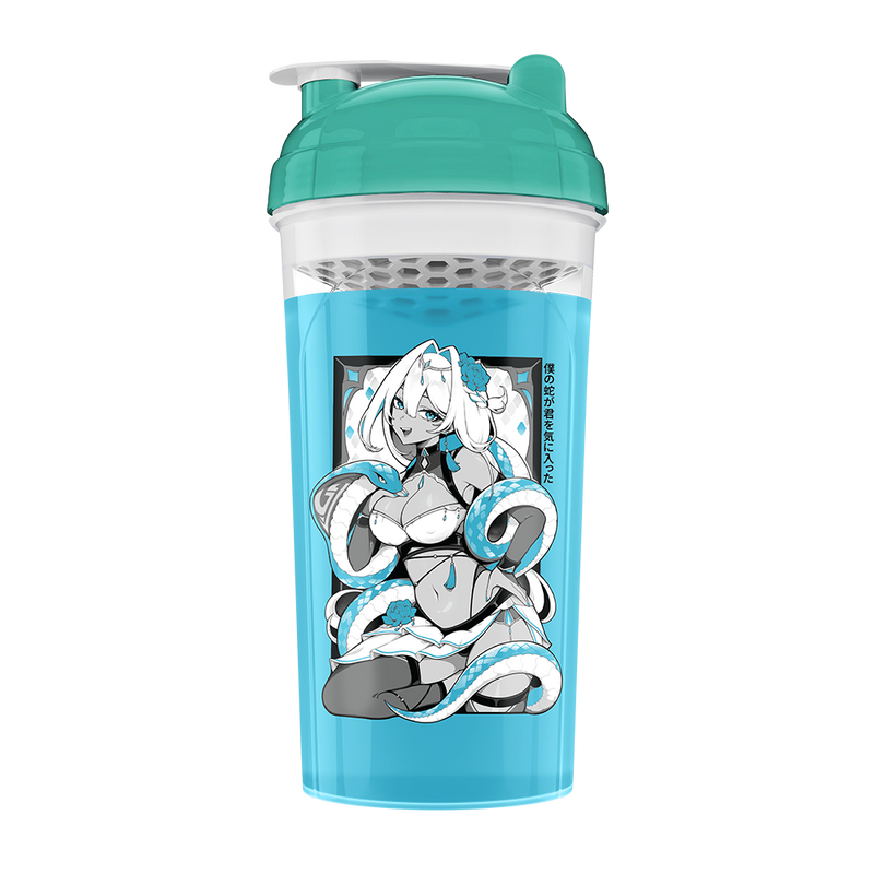 Blue and teal shaker bottle with cartoon design