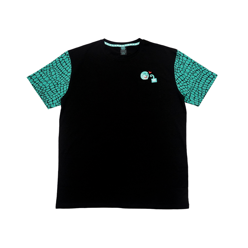 Black t-shirt with turquoise scale patterned sleeves and white design on the back