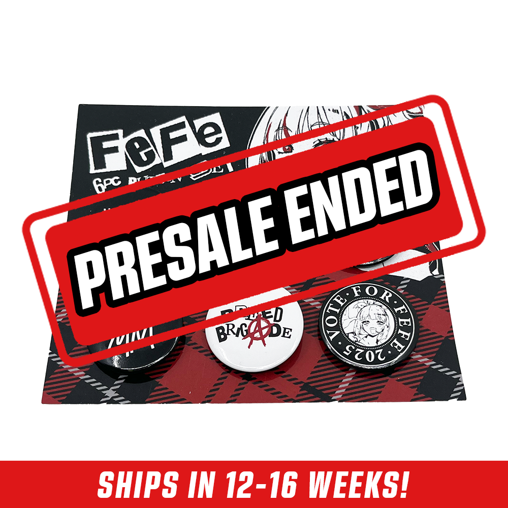 Six black and white round pins with red accents featuring text and anime-style character art on a red plaid card.