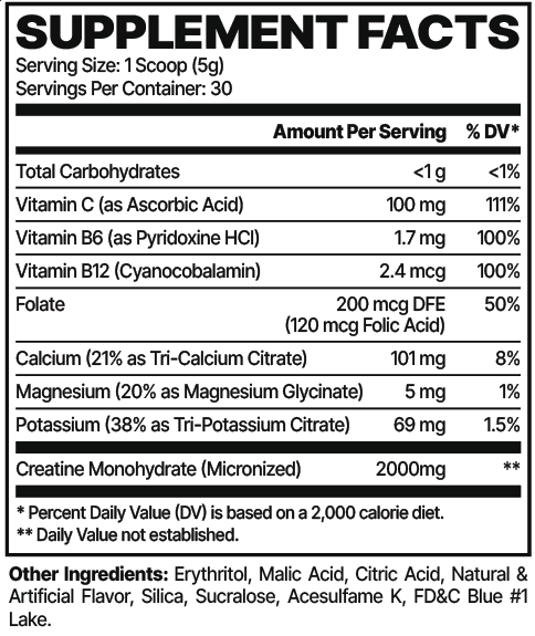 Blue GAMERAID - 30 Servings Nutrition Chart