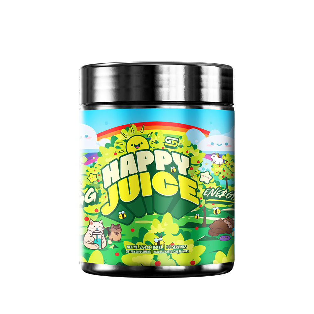 Bright blue container with colorful cartoon forest, rainbow, animals, and "Happy Juice Energy" text on the label