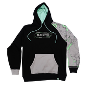 Black hoodie sizing chart showing measurements for sizes S to 6XL including length, sleeve, bust, and shoulder widths.