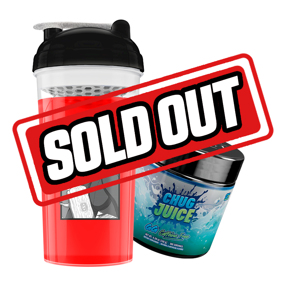 Red shaker cup with anime girl in a red plaid shirt and black lid beside a purple supplement jar with a cartoon man on label