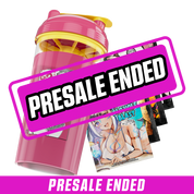 Pink and yellow shaker cup with a grotesque one-eyed muscular character and anime-style energy drink packets.