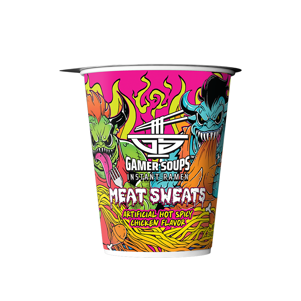 Top view of instant ramen cup lid with an open mouth, flames, and bold "Meat Sweats" text in pink and yellow.