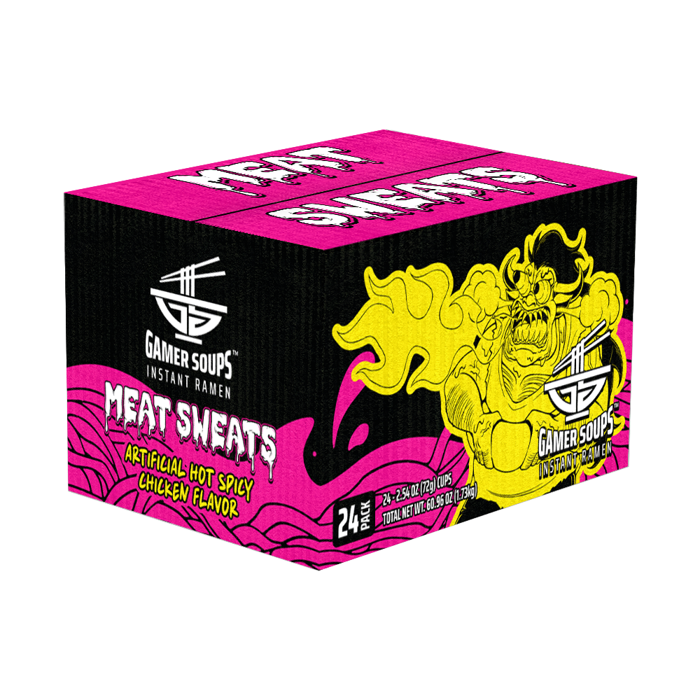 Black and pink box of Gamer Soups Meat Sweats instant ramen with yellow dragon illustration and bold white dripping text.
