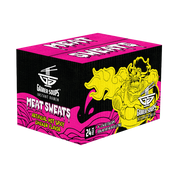 Black and pink box of Gamer Soups Meat Sweats instant ramen with yellow dragon illustration and bold white dripping text.