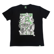 Black t-shirt sizing chart with measurements for chest, hem, sleeve, length, cuff, and shoulder from S to 6XL.
