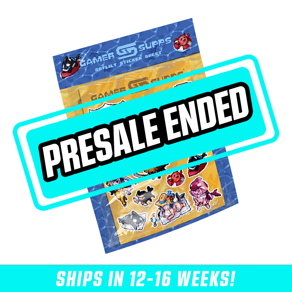 Pixel art stickers featuring anime-style characters, animals, and speech bubbles on a yellow sheet with blue packaging.