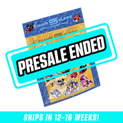 Pixel art stickers featuring anime-style characters, animals, and speech bubbles on a yellow sheet with blue packaging.