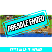 Colorful pixel art mouse pad featuring a beach scene with buildings, characters, and ocean activities.