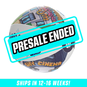 White beach ball with pixel art of buildings, blue pixelated text, and a black circular logo on the side.