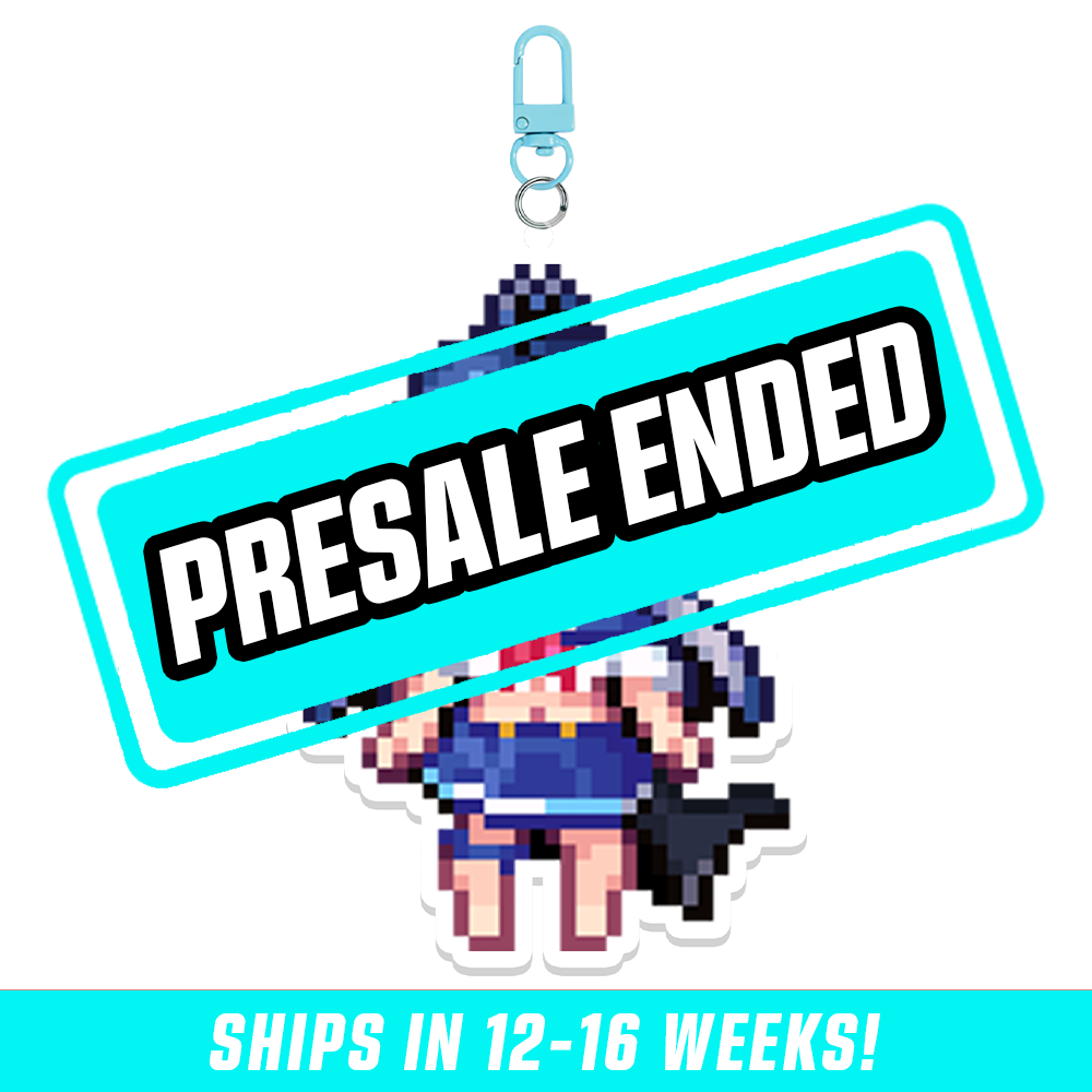 Pixel art keychain of a blue-haired girl in a sailor school uniform with a black tail and blue clip attachment.