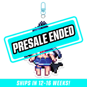 Pixel art keychain of a blue-haired girl in a sailor school uniform with a black tail and blue clip attachment.