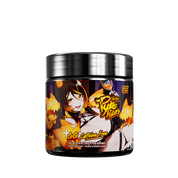 Black jar with a purple and yellow label showing supplement facts and directions in yellow and white text.