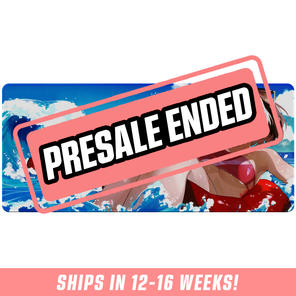 Blue mouse pad featuring an anime girl in a red swimsuit floating on water with splashing waves background.