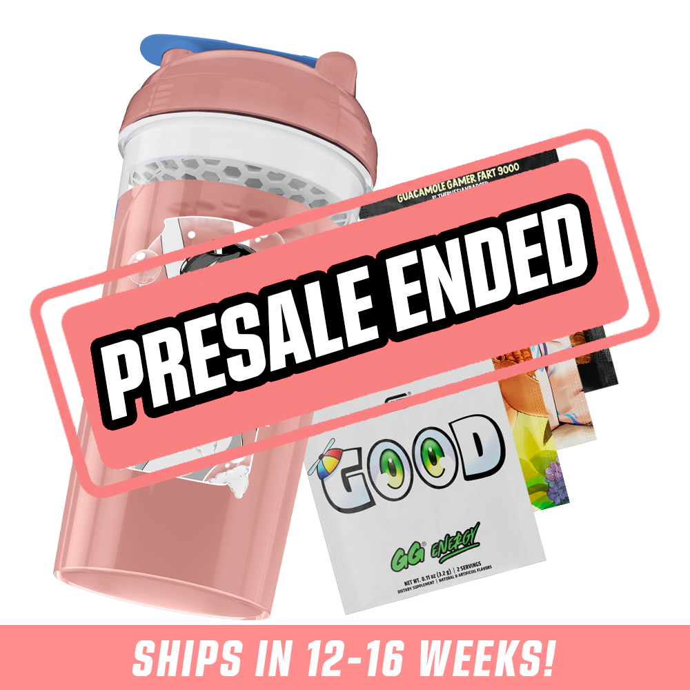 Pink shaker cup with a blue flip lid and a cartoon character design on the front.