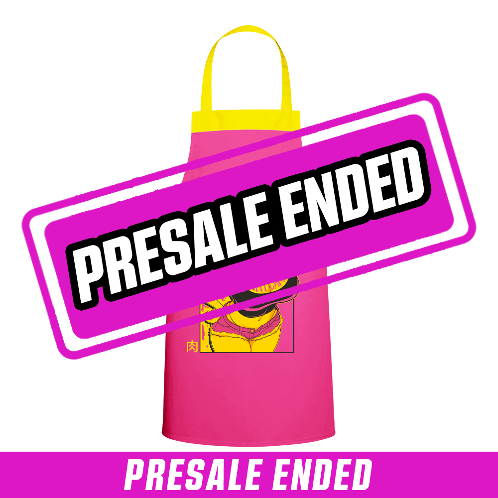 Bright pink apron with yellow neck strap featuring a grotesque yellow creature with pink hair and muscular body.