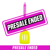 Yellow slotted spatula with a black handle and bright pink grip labeled "MEATCANYON" in white text.