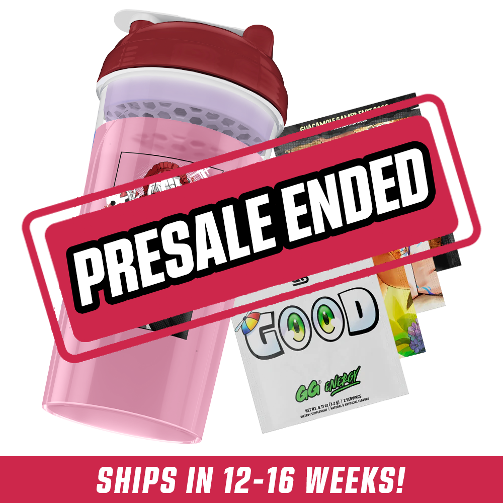 Pink shaker cup with red lid featuring a black and red gothic anime maid illustration and energy supplement packets.