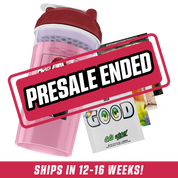 Pink shaker cup with red lid featuring a black and red gothic anime maid illustration and energy supplement packets.