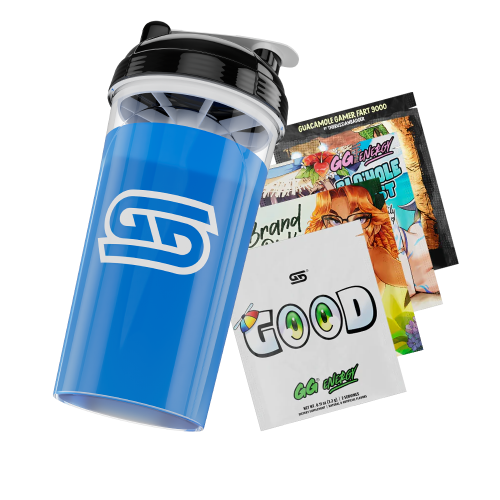 Clear shaker bottle filled with blue liquid, featuring a black lid and a white stylized "GS" logo on the front.