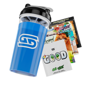 Clear shaker bottle filled with blue liquid, featuring a black lid and a white stylized "GS" logo on the front.