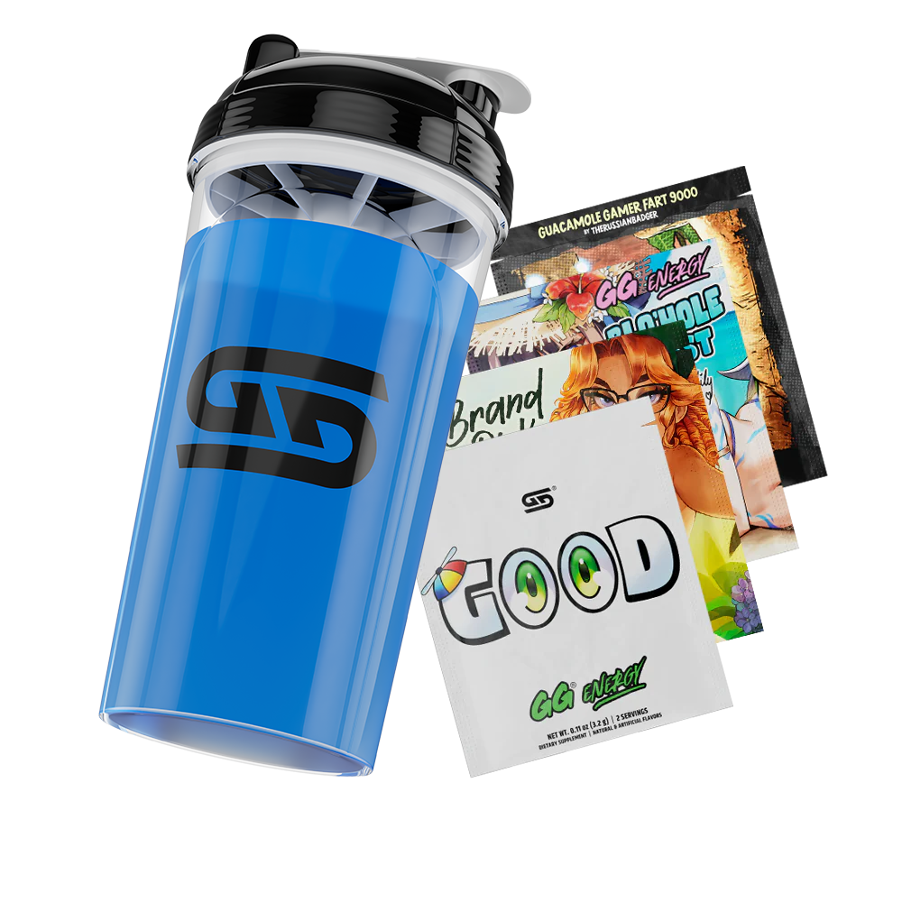 Clear 24oz shaker with black lid and bold black Gamer Supps logo filled with bright blue liquid.