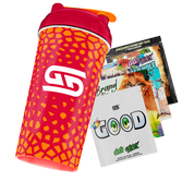 Red shaker bottle with orange cracked pattern and white stylized logo, topped with a red lid and orange flip cap.