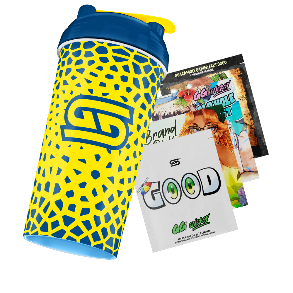 Yellow and blue shaker bottle with a geometric Komodo dragon scale pattern and a blue lid with yellow flip cap.