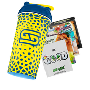 Yellow and blue shaker bottle with a geometric Komodo dragon scale pattern and a blue lid with yellow flip cap.