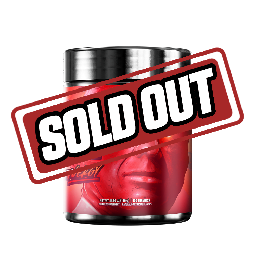 Black container with a red label featuring a glowing-eyed angry red face and supplement facts on the side.