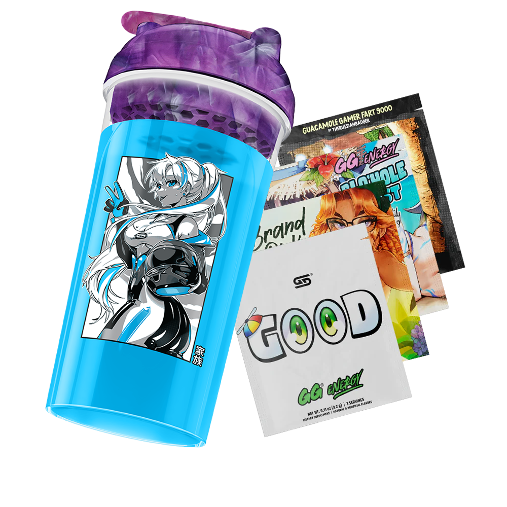 Blue cup with a black and white anime girl holding a helmet and a purple marbled lid with a flip cap.