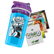 Blue cup with a black and white anime girl holding a helmet and a purple marbled lid with a flip cap.