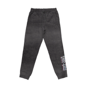 Dark gray sweatpants with a small colorful logo near the waist and stylized light blue and white text on the leg.