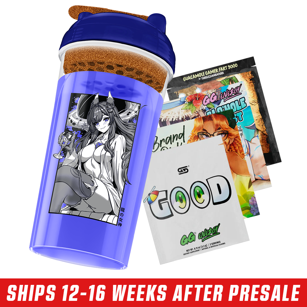Blue shaker cup featuring a grayscale anime woman with long hair, fox ears, and a wine glass.