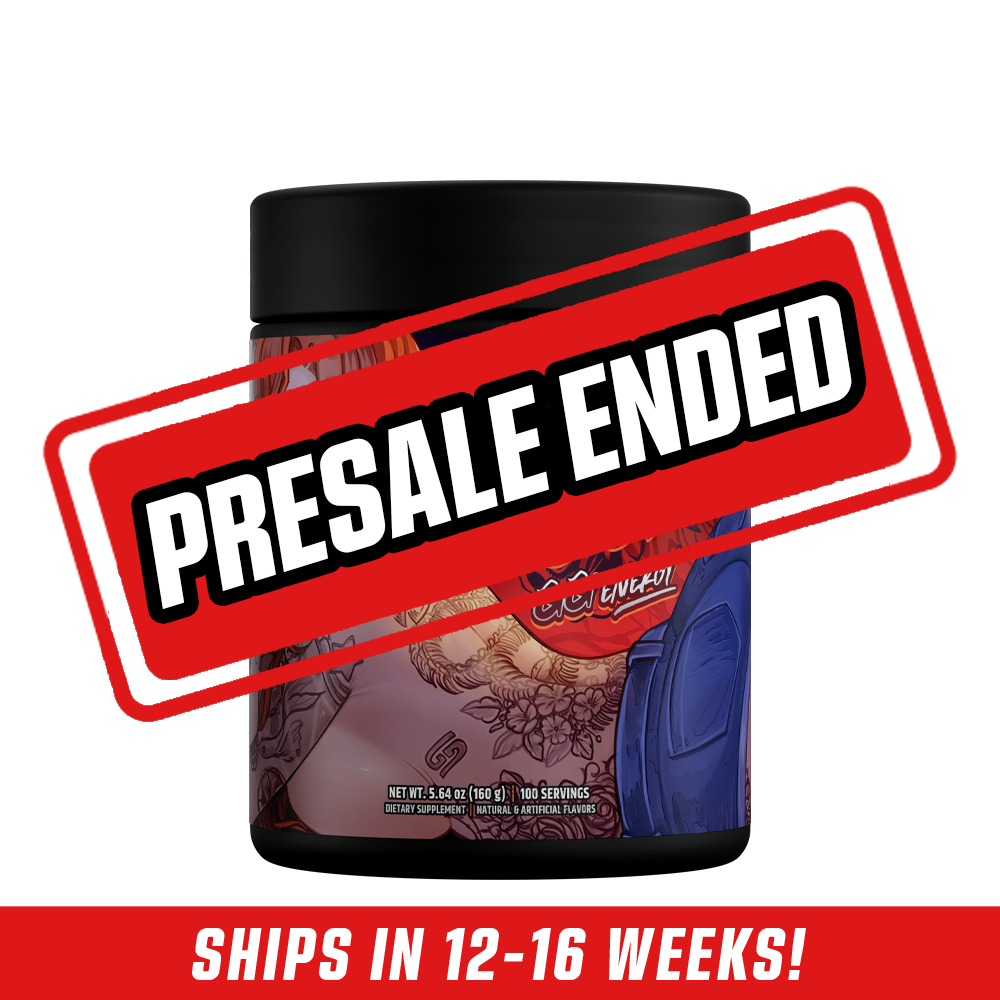 Black container with a tattooed red-haired woman illustration and "Brand Risk GG Energy" text on a dark red background.