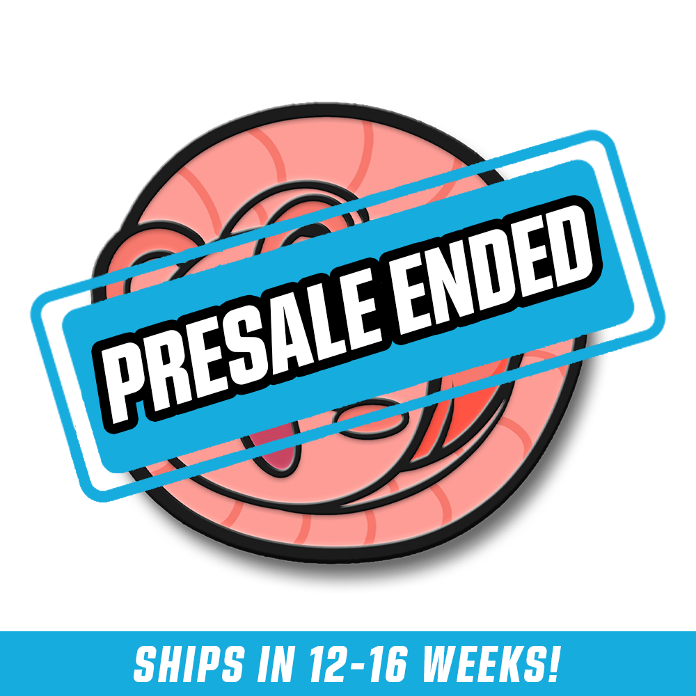Pink cartoon shrimp with big sparkling eyes, curled tail, and a happy open mouth enamel pin with black outline