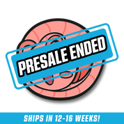 Pink cartoon shrimp with big sparkling eyes, curled tail, and a happy open mouth enamel pin with black outline