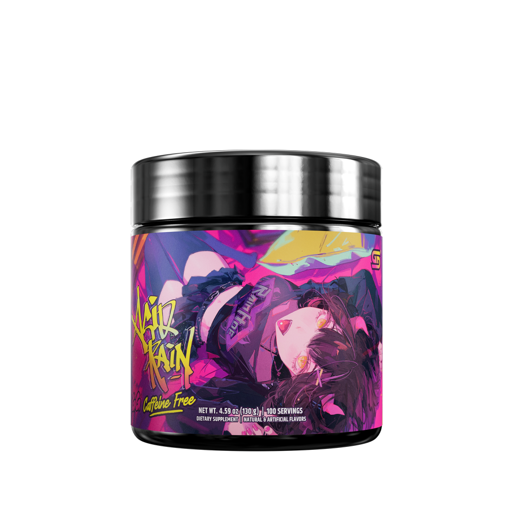 Black container with metallic lid and colorful label featuring supplement facts and directions.