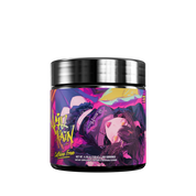 Black container with metallic lid and colorful label featuring supplement facts and directions.
