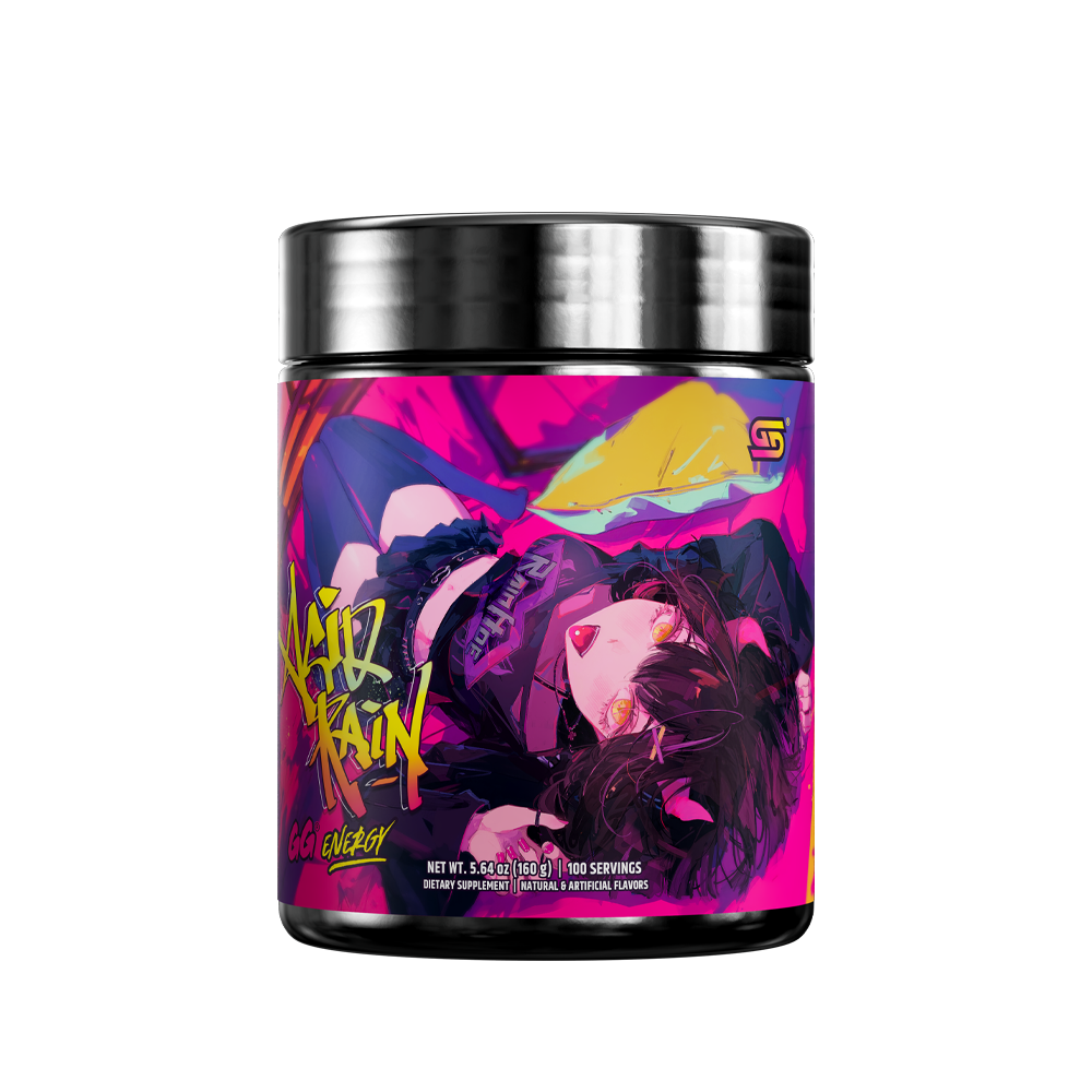 Black supplement container with metallic lid, colorful label showing detailed supplement facts and usage instructions.
