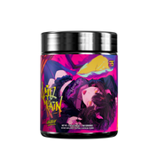 Black supplement container with metallic lid, colorful label showing detailed supplement facts and usage instructions.