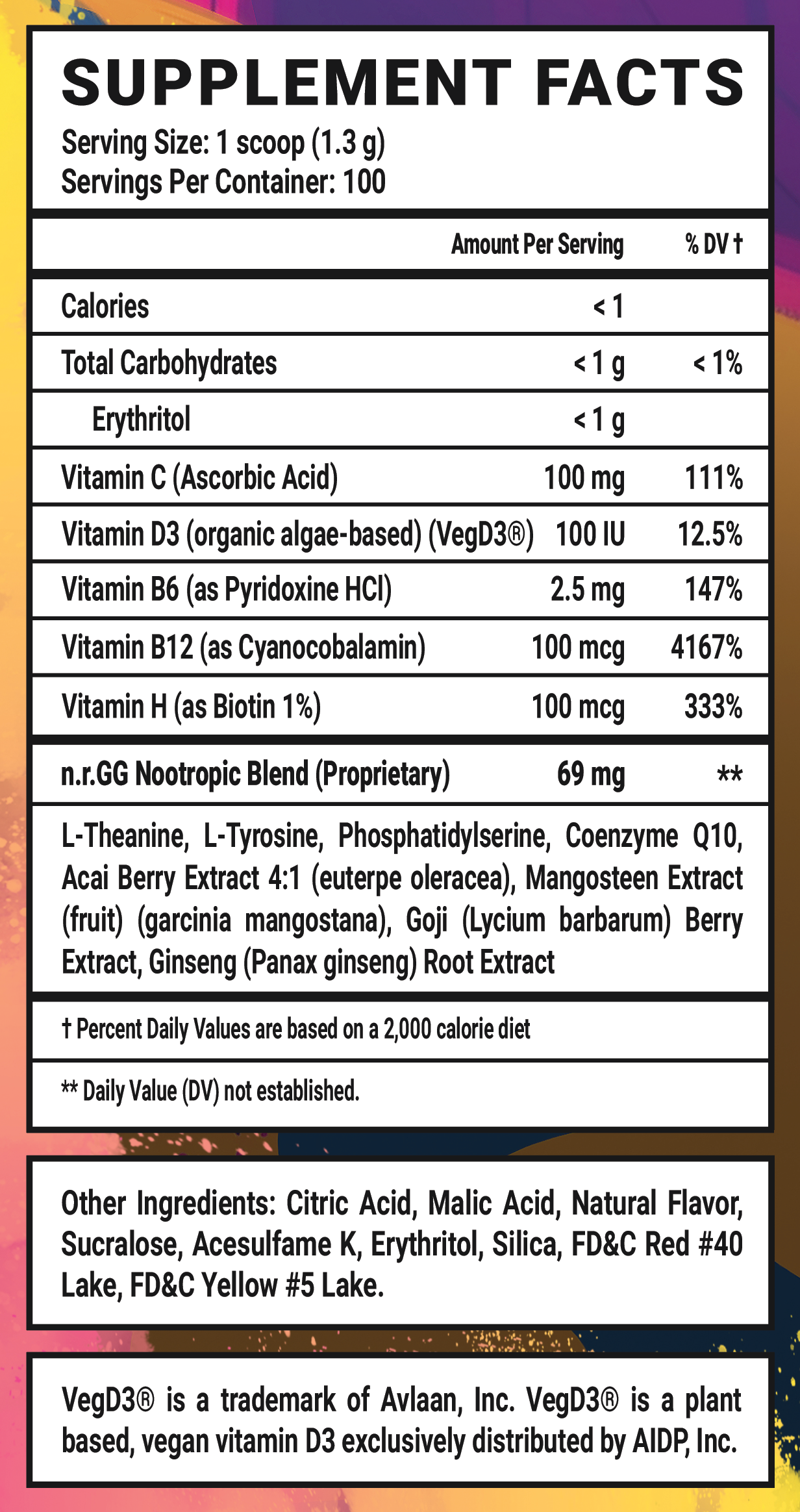 Acid Rain GG by Rainhoe Caffeine Free - 100 Servings Nutrition Chart