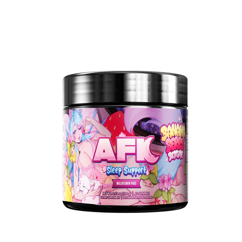 Black container with a pink label featuring colorful "Banana Bananaberry Bedtime" text and floral illustrations on the side