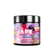 Black jar with colorful cartoon-style "Bananaberry Bedtime" label and detailed supplement facts on a pink background